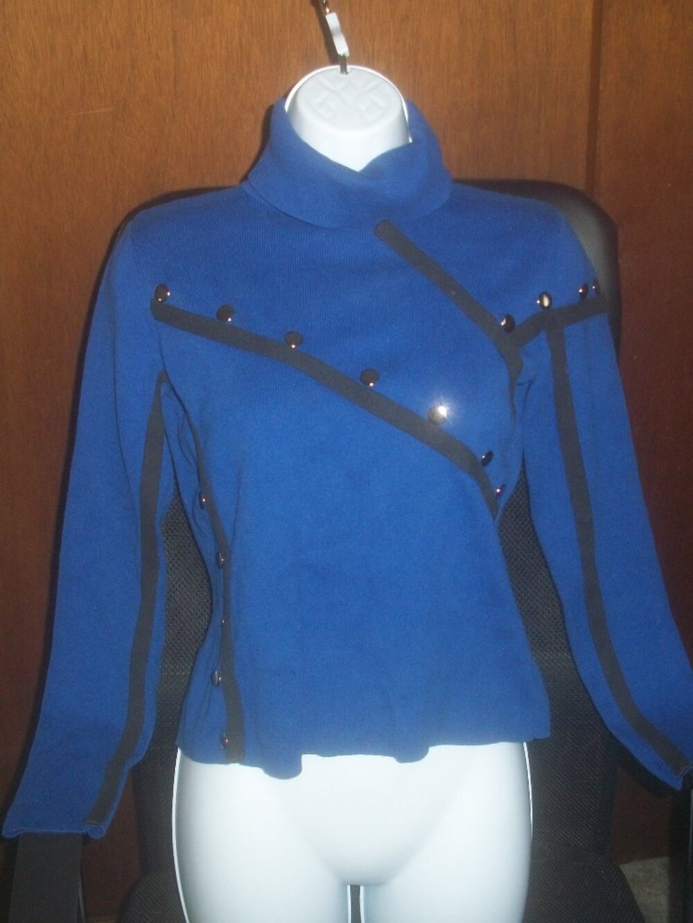 womens sapphire blue turtleneck sweater. snap/stud bling. size small